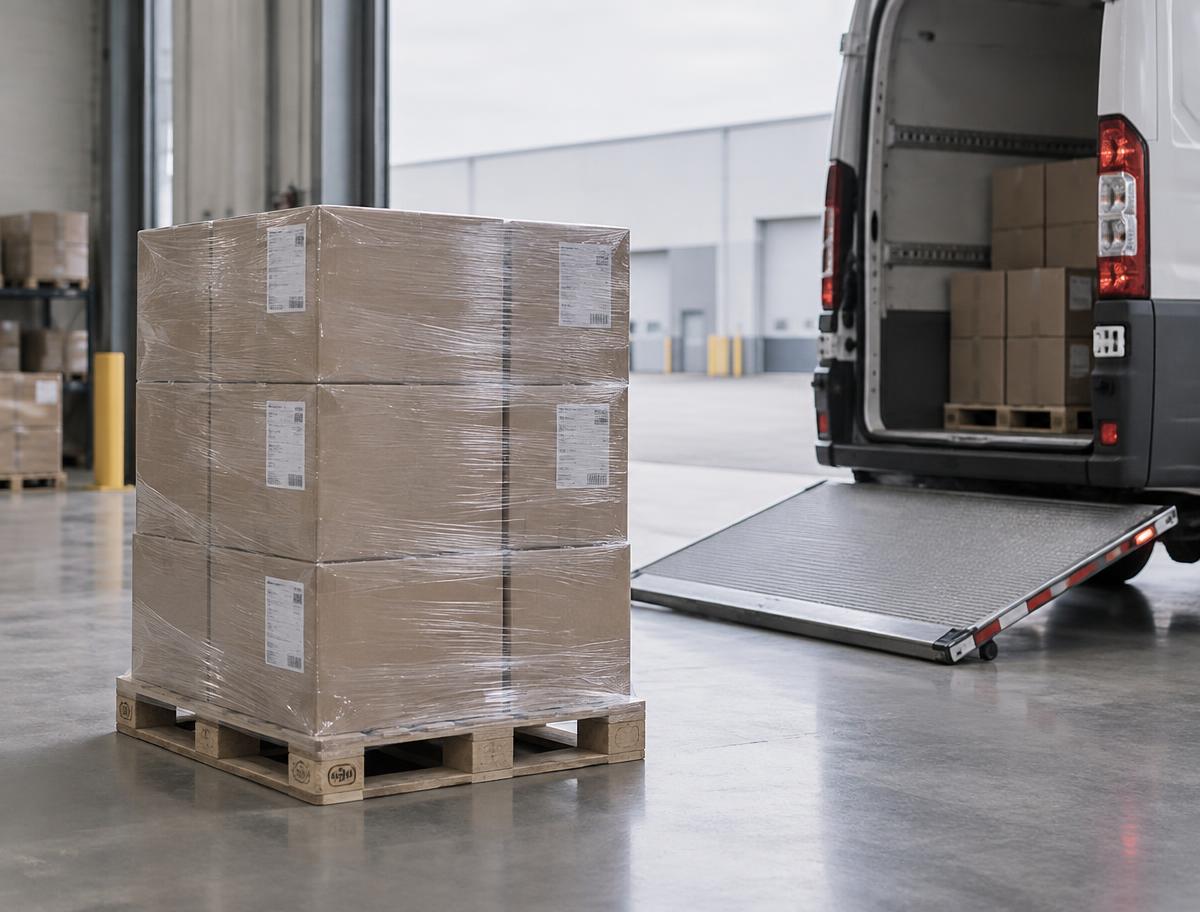 A wrapped pallet beside a tail-lift van